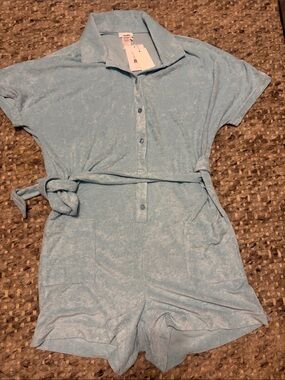 Angie Light Blue Terry Cloth Romper with Tie Waist
